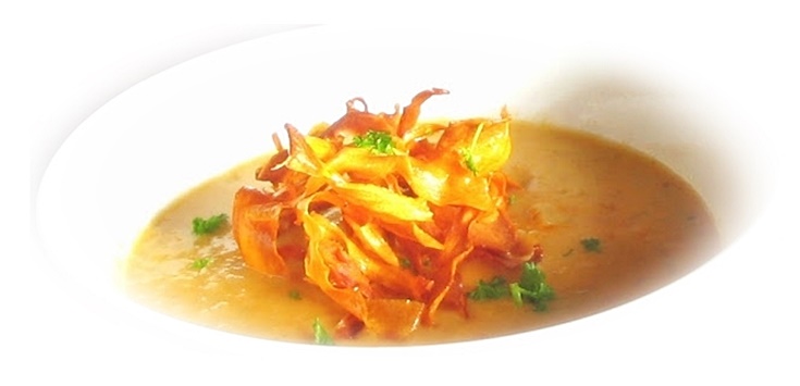 sweet potato soup with frazzled sweet potatoes