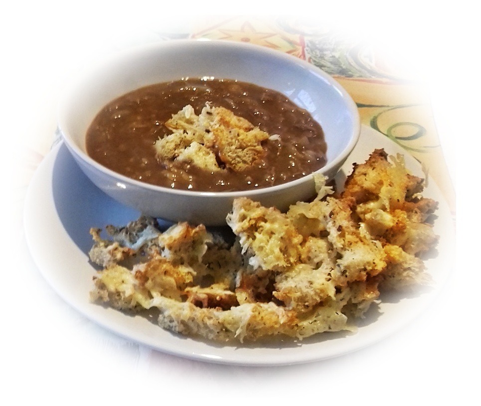 beef soup with cheesey croutons
